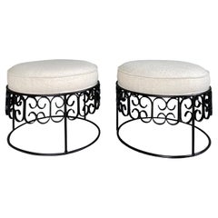 Used Pair of Arthur Umanoff Wrought Iron Stools, Reupholstered