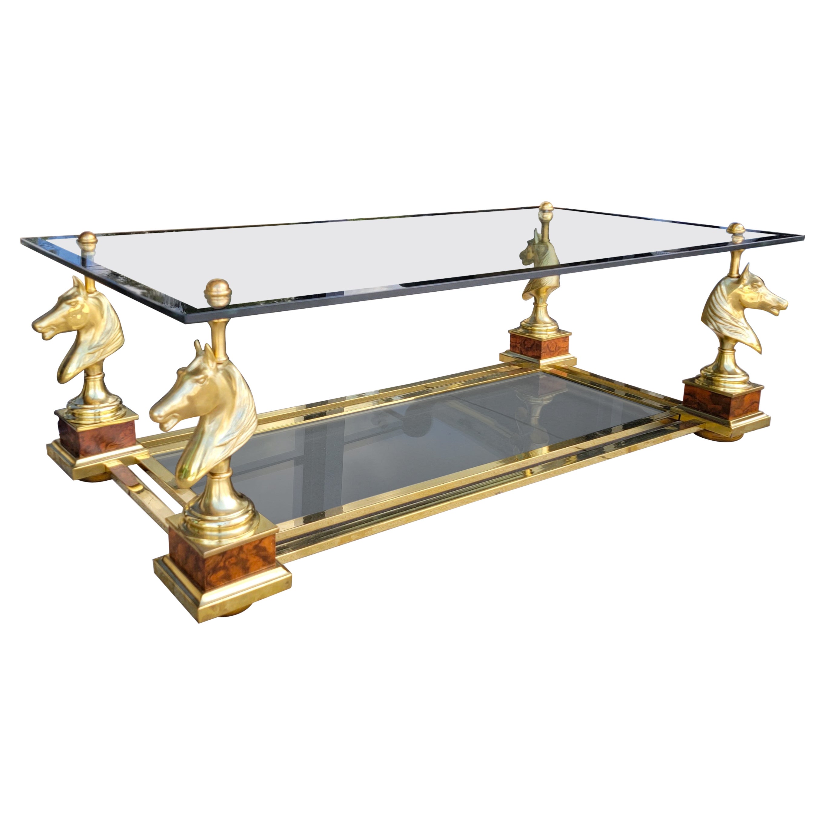 French Maison Charles Neo-Classical Brass & Burl Cheval / Horse Coffee Table