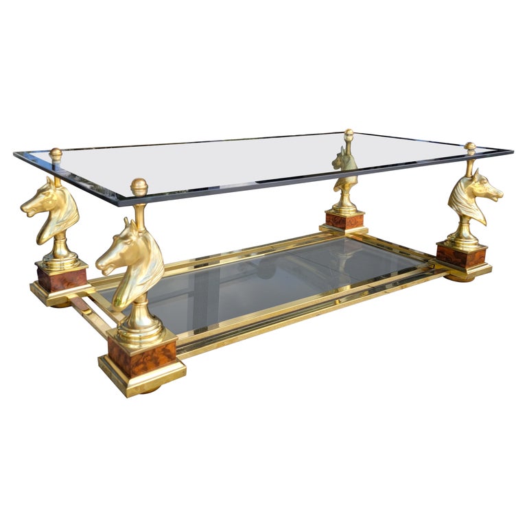 French Maison Charles Neo-Classical Brass & Burl Cheval / Horse Coffee Table For Sale