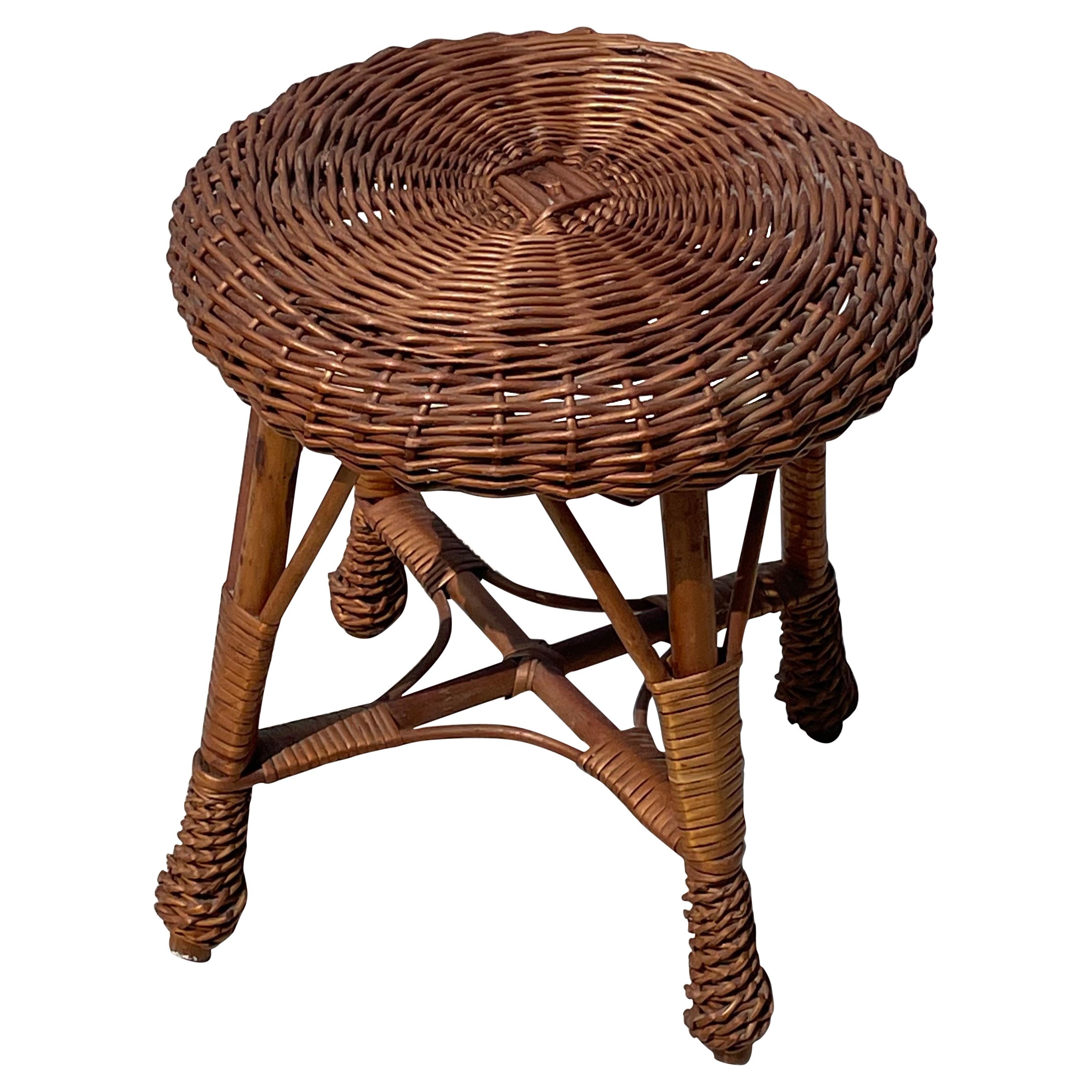 Bamboo and Wicker Stool, Style of Tony Paul and Franco Albini For Sale