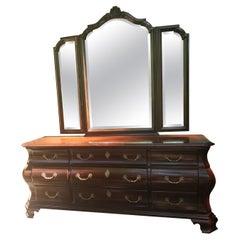 Used Century Furniture French Bombe Style Mahogany Triple Dresser with Trifold Mirror
