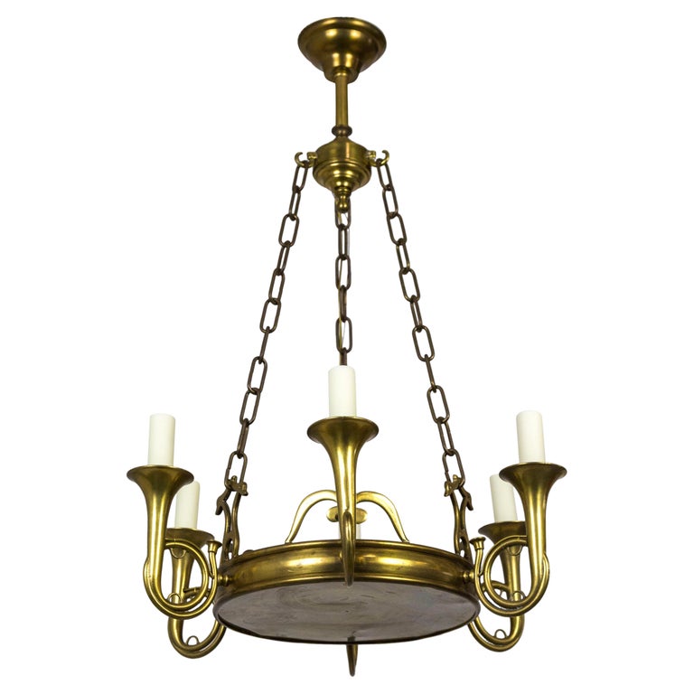 Brass French Horn 6Light Dish Chandelier For Sale at 1stDibs