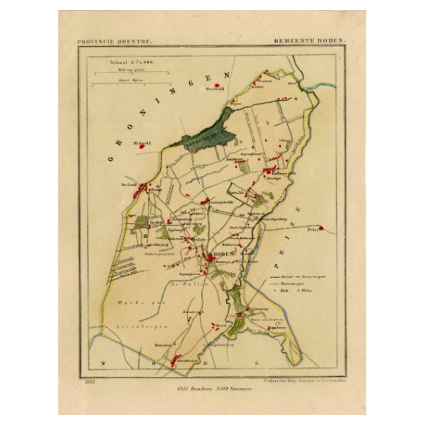Antique Map of the Township of Roden, Drenthe, in the Netherlands, 1865 For Sale