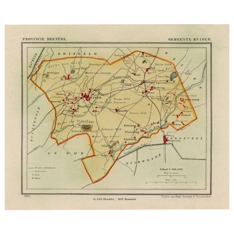 Antique Map of the Township of Ruinen, Drenthe in the Netherlands, circa 1865 For Sale