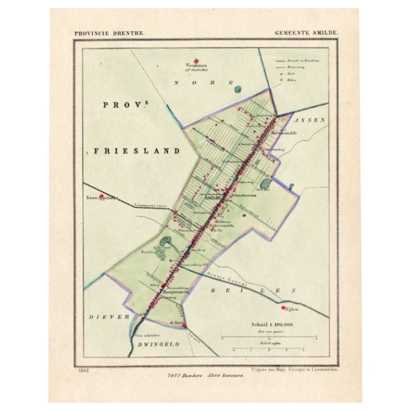 Carte ancienne de la ville de Smilde, Drenthe, aux Pays-Bas, 1865
