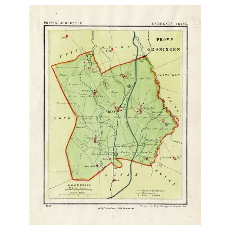 Antique Map of the Township of Vries in the Dutch Province of Drenthe, 1865 For Sale