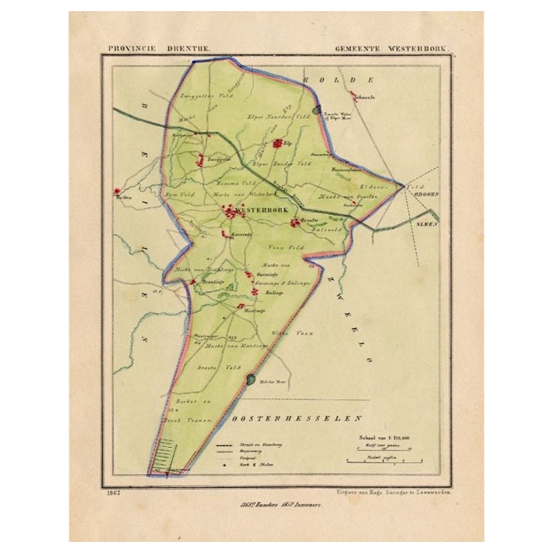 Antike Karte der Gemeinde Westerbork, Drenthe in den Niederlanden, 1865 im Angebot