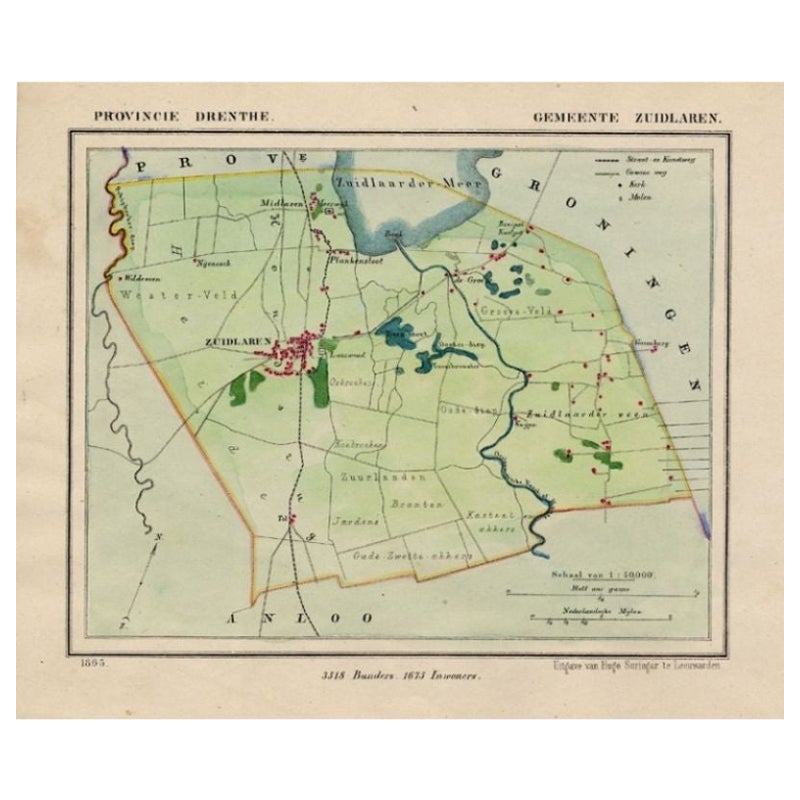 Carte ancienne de la ville de Zuidlaren, Drenthe, aux Pays-Bas, 1865 en vente