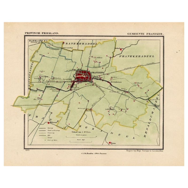 Antique Map of the Township of Franeker in Friesland, the Netherlands, 1865 For Sale
