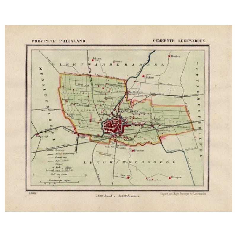 Antique Map of Leeuwarden and Surroundings, in Friesland, the Netherlands, 1865 For Sale