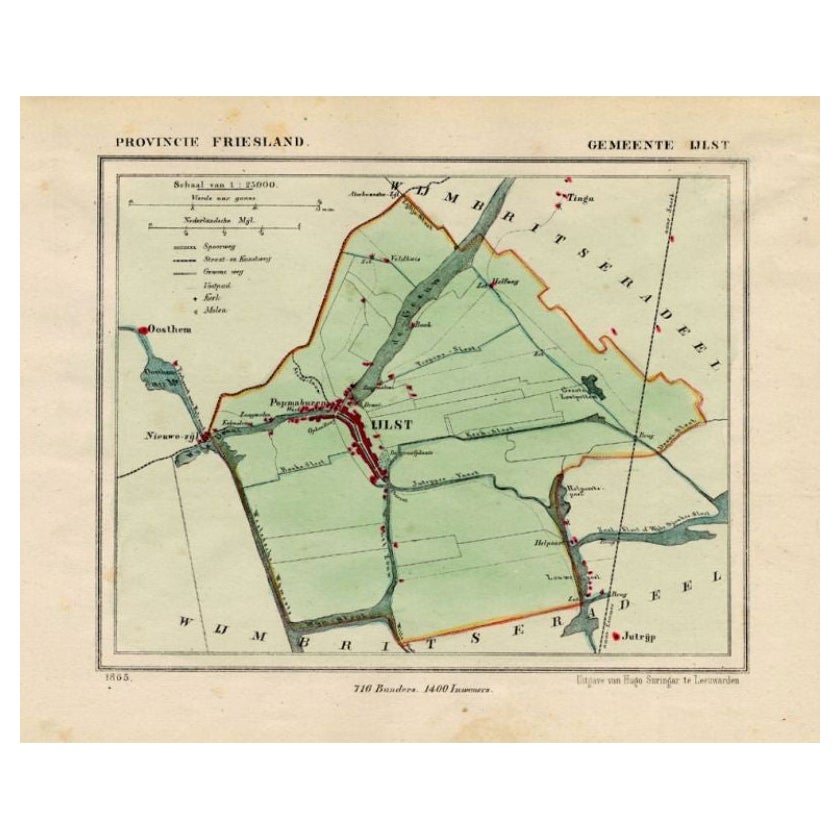 Antique Map of Ijlst , Friesland in the Netherlands, 1865 For Sale