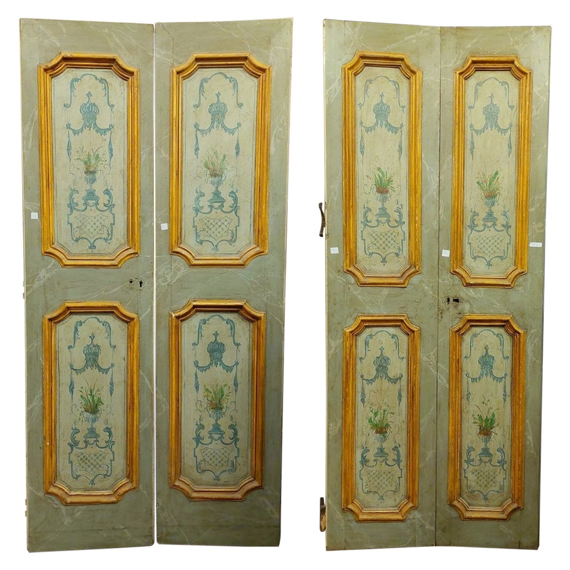 Set of 2 lacquered and painted doors, green and yellow, 18th century Rome For Sale