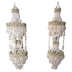 Vintage Hollywood Regency Style Pair of Philippines Pendants Woven with Sea Shells