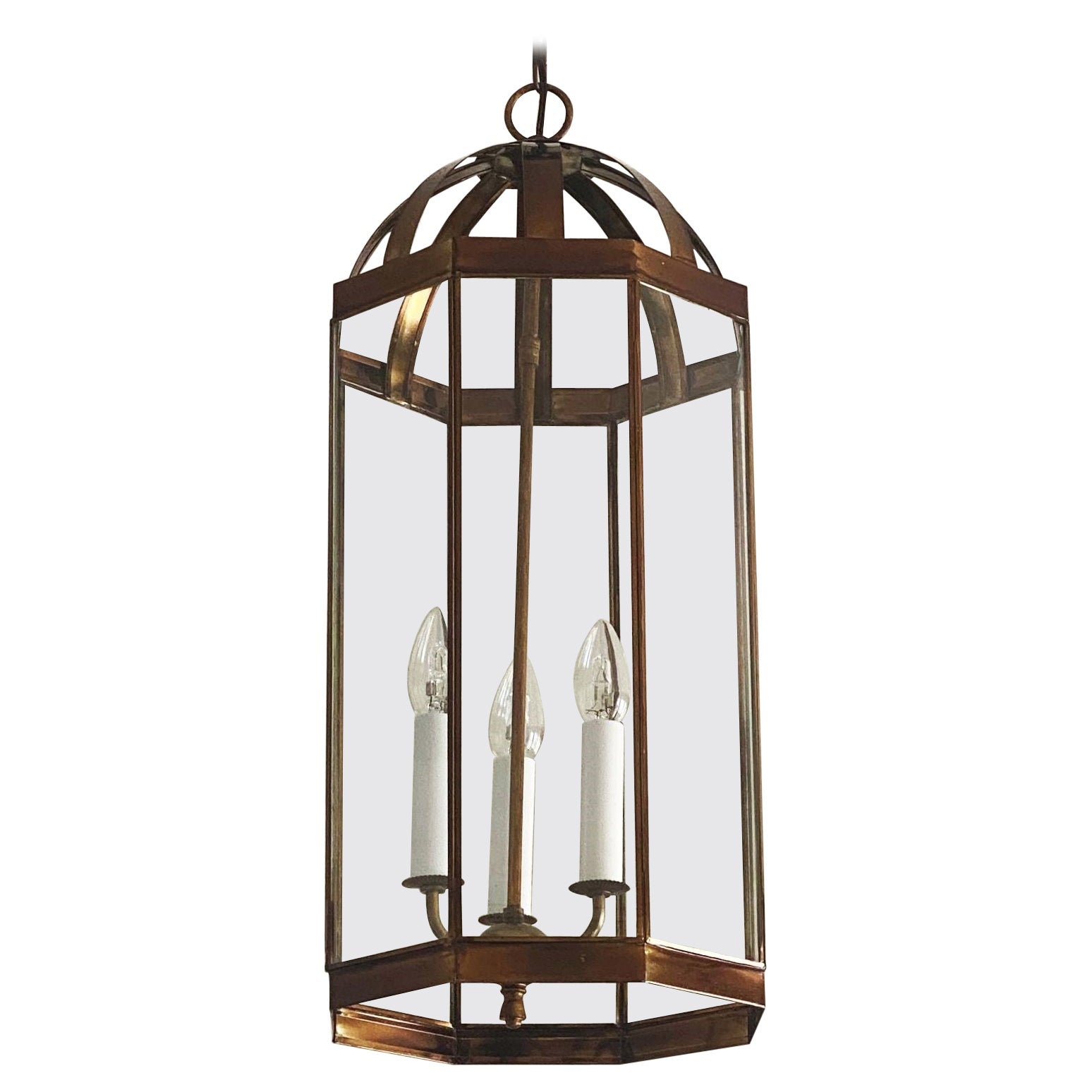French Arte Deco Patinated Brass Clear Glass Eight-Sided Lantern, 1930s For Sale