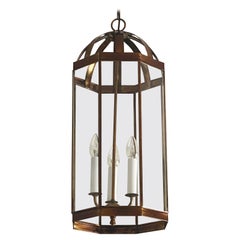French Arte Deco Patinated Brass Clear Glass Eight-Sided Lantern, 1930s