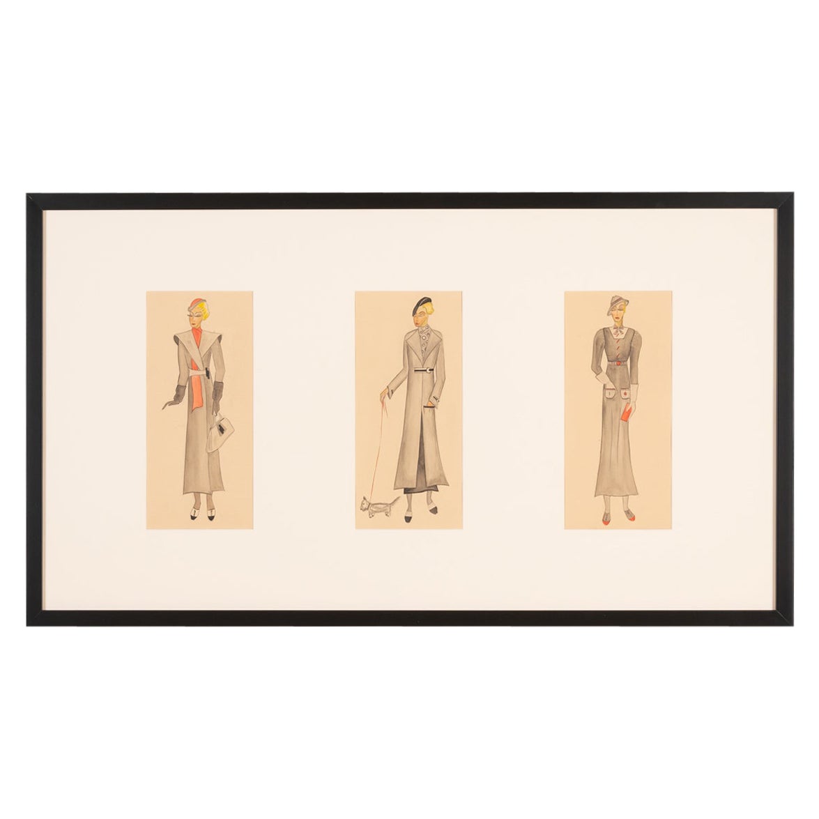 Art Dco - Illustration de mode - Robes à la gouache sur papier - Femmes de l'âge d'or des années 80 en vente