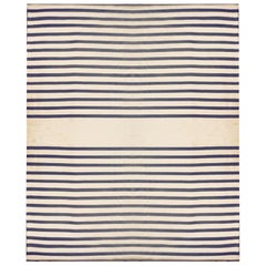Contemporary Kilim, Blue and White Lines Design