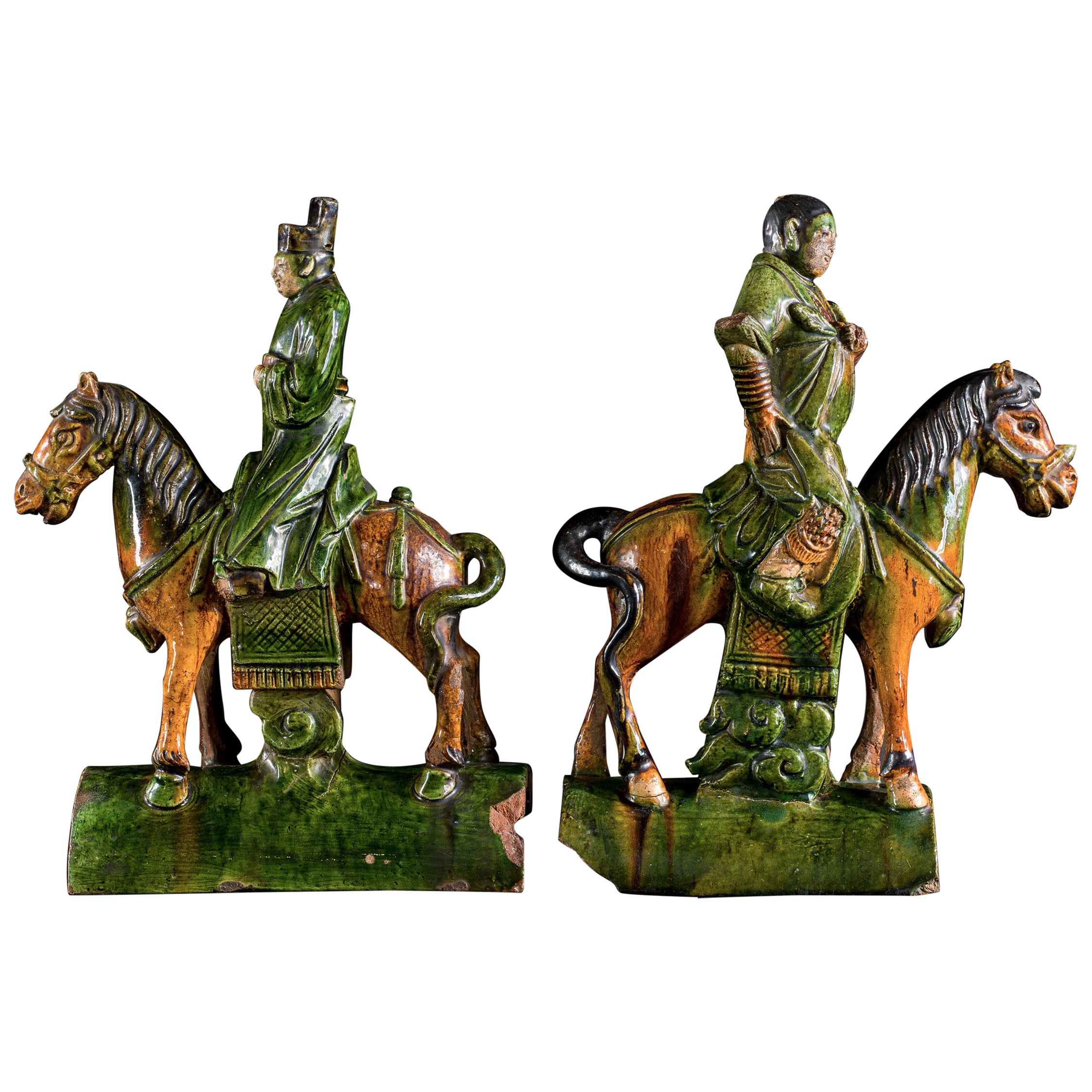 Pair of Ming Dynasty Horsemen Roof Tiles