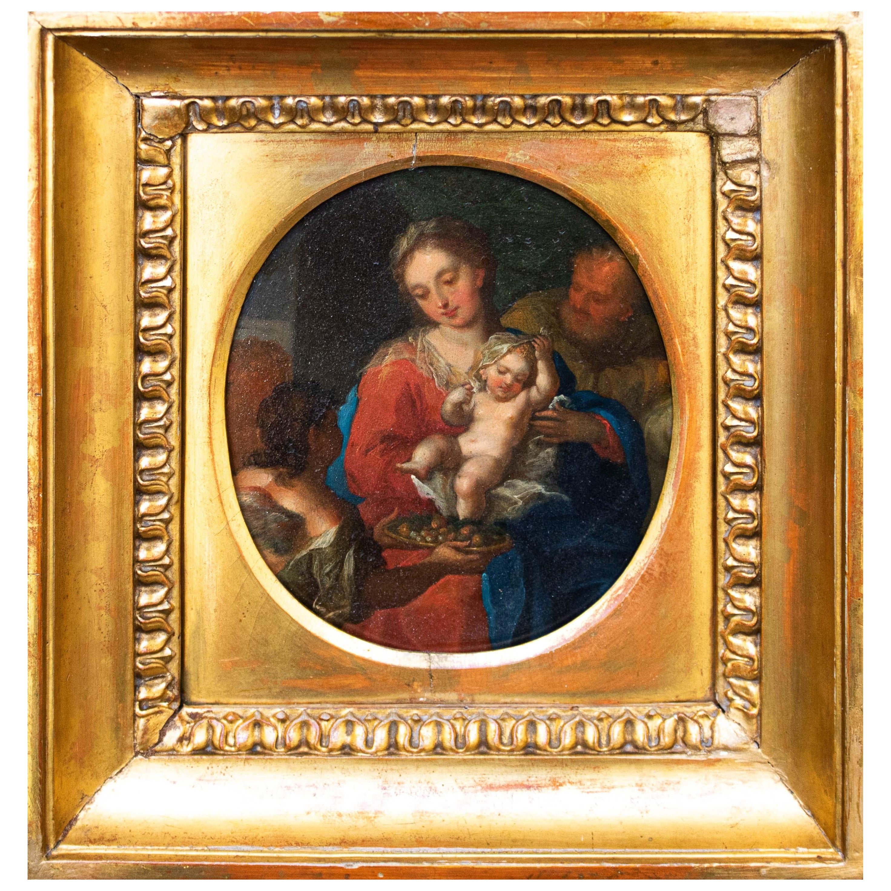 17th Century Holy family with angel Painting Oil on oval copper