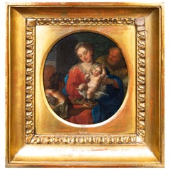 Antique 17th Century Holy family with angel Painting Oil on oval copper