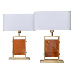 Pair of 1970's Table Lamps in Orange Resin and Natural Brass