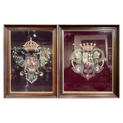 Pair of 19th Century French Coat of Arms on Maroon Velvet in Walnut Frame
