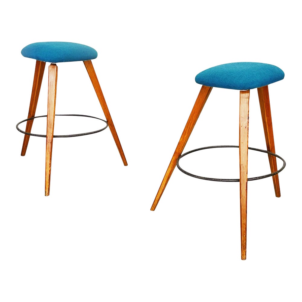 Italian Mid-Century Modern Stools in Wood, Black Iron and Blue Fabric, 1960s For Sale