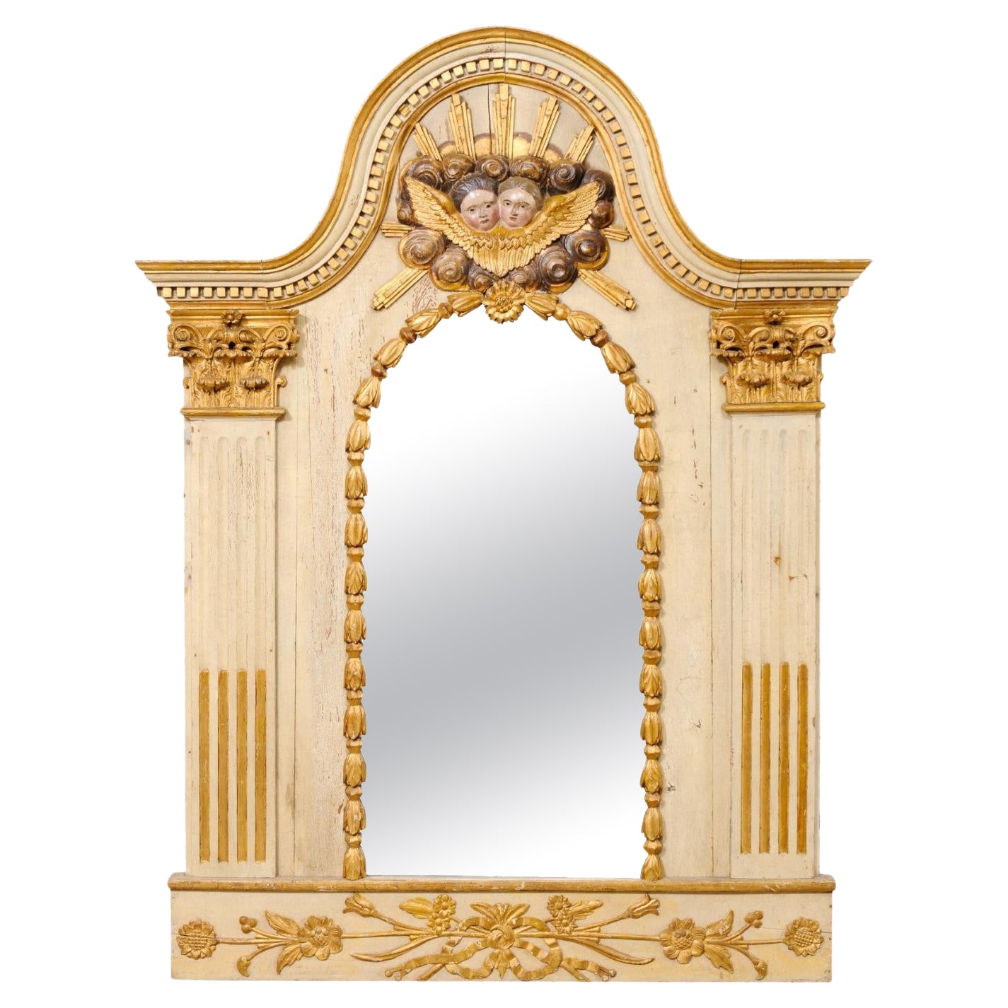 French Late 18th C. Mirror W/Pediment Top, Carved Cloudy-Ray Sunburst W/Cherubs For Sale