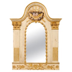 Antique French Late 18th C. Mirror W/Pediment Top, Carved Cloudy-Ray Sunburst W/Cherubs