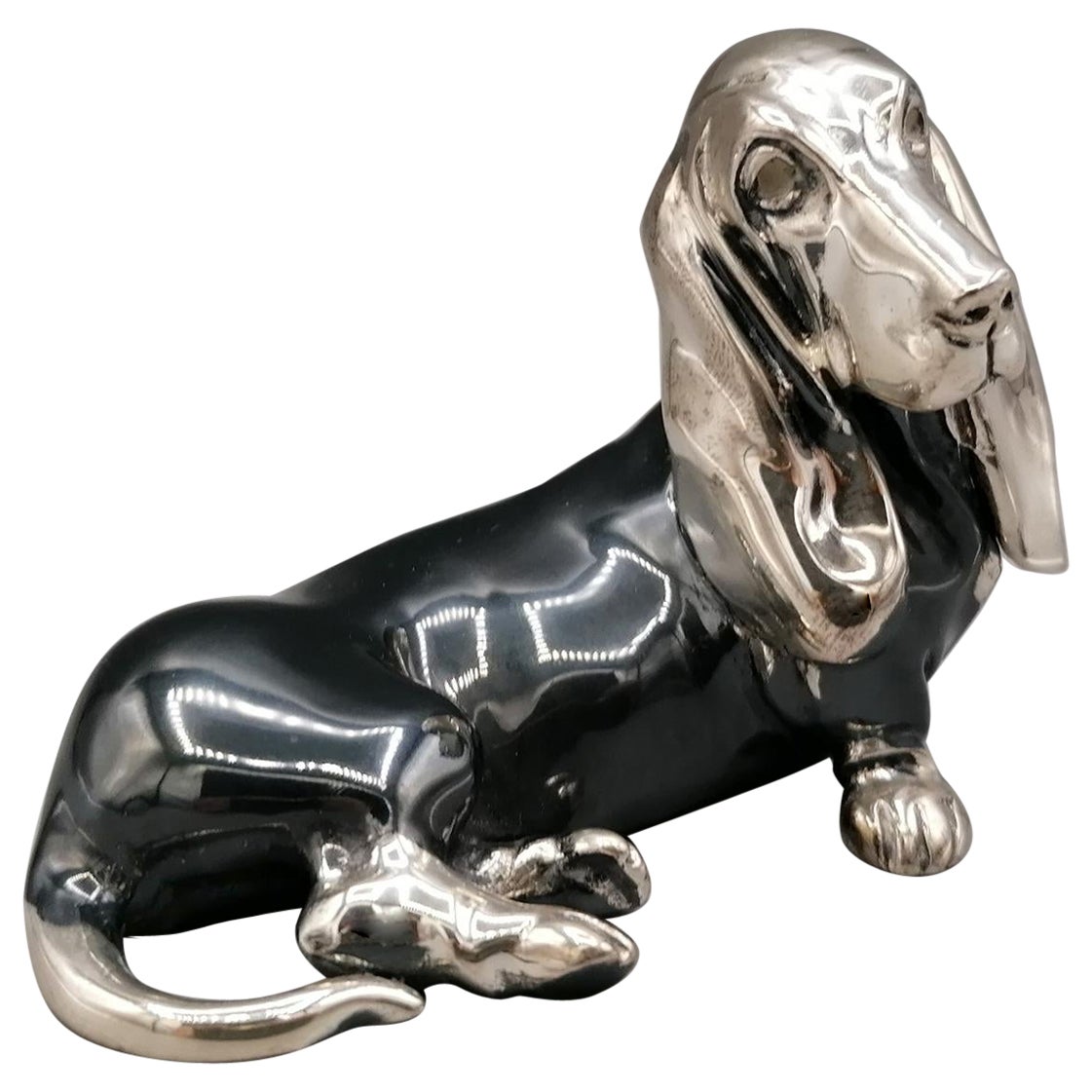 20th Century Solid Silver Sculture Depicting a Basset Hound Dog For Sale