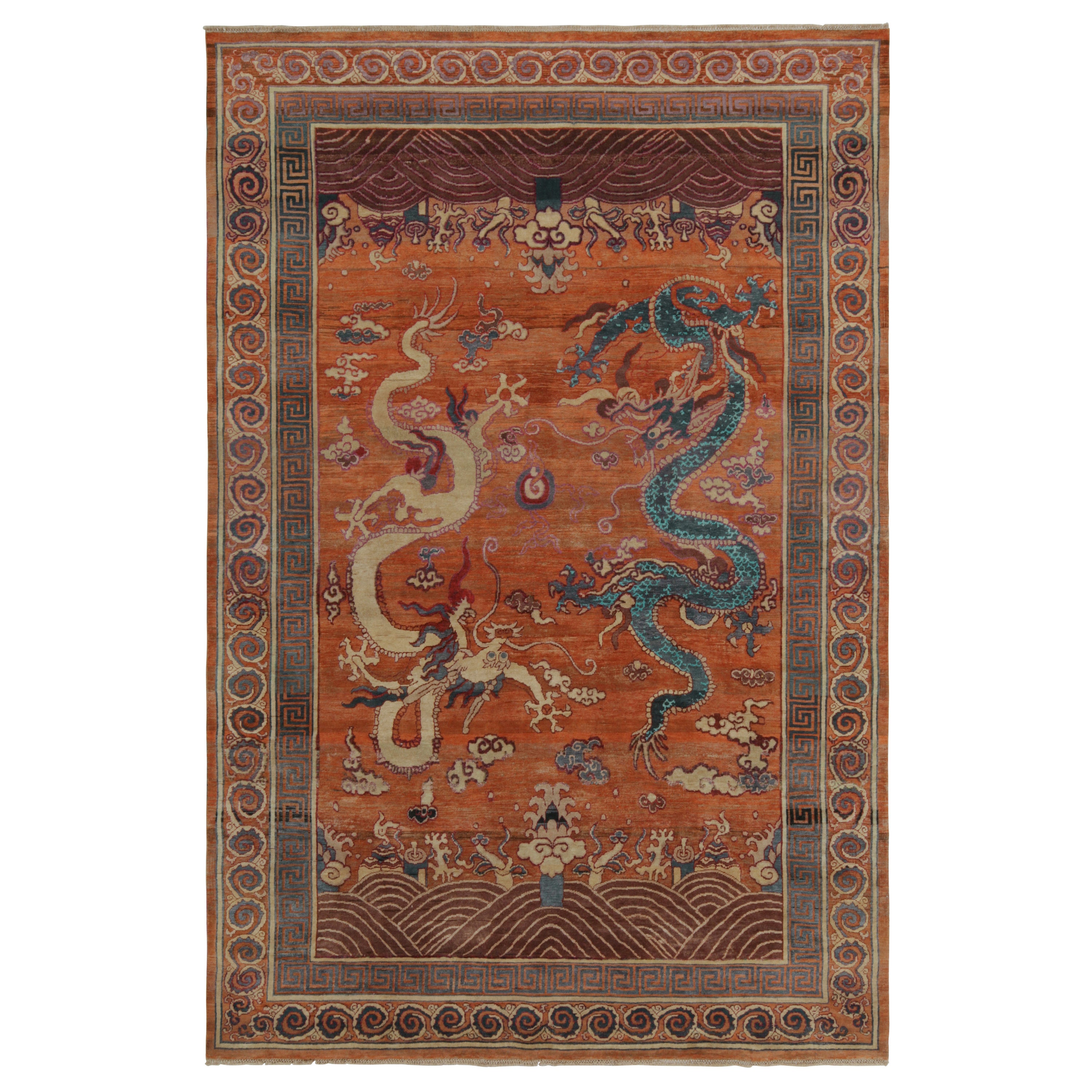 Rug & Kilim’s Chinese style Pictorial rug in Orange with Beige and Blue Dragons