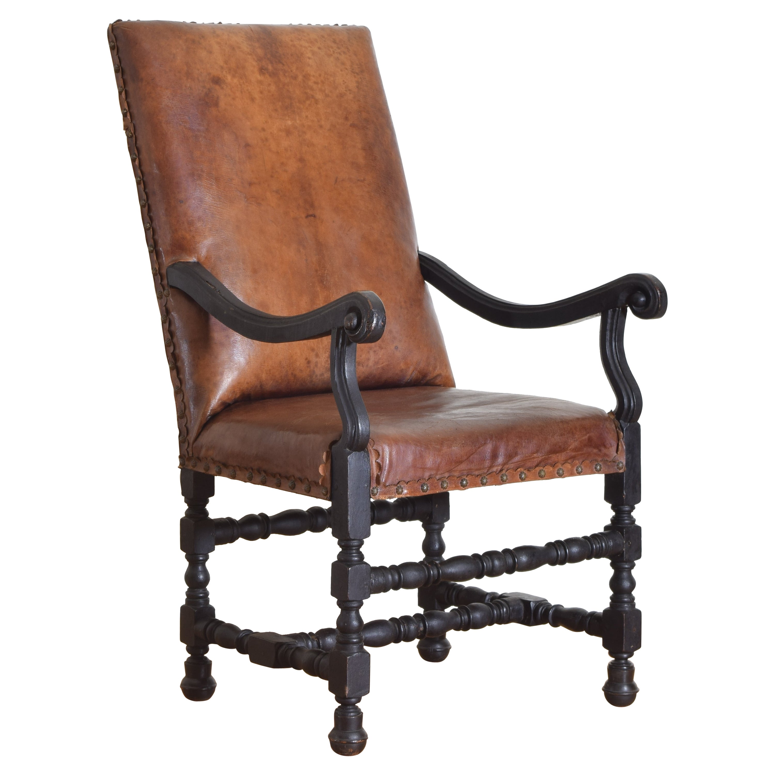 Italian Louis XIV Period Ebonized Walnut & Leather Upholstered Armchair, 18thc