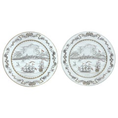Rare Pair of Chinese Export Porcelain 'Table Bay' or 'Cape of Good Hope' Plates