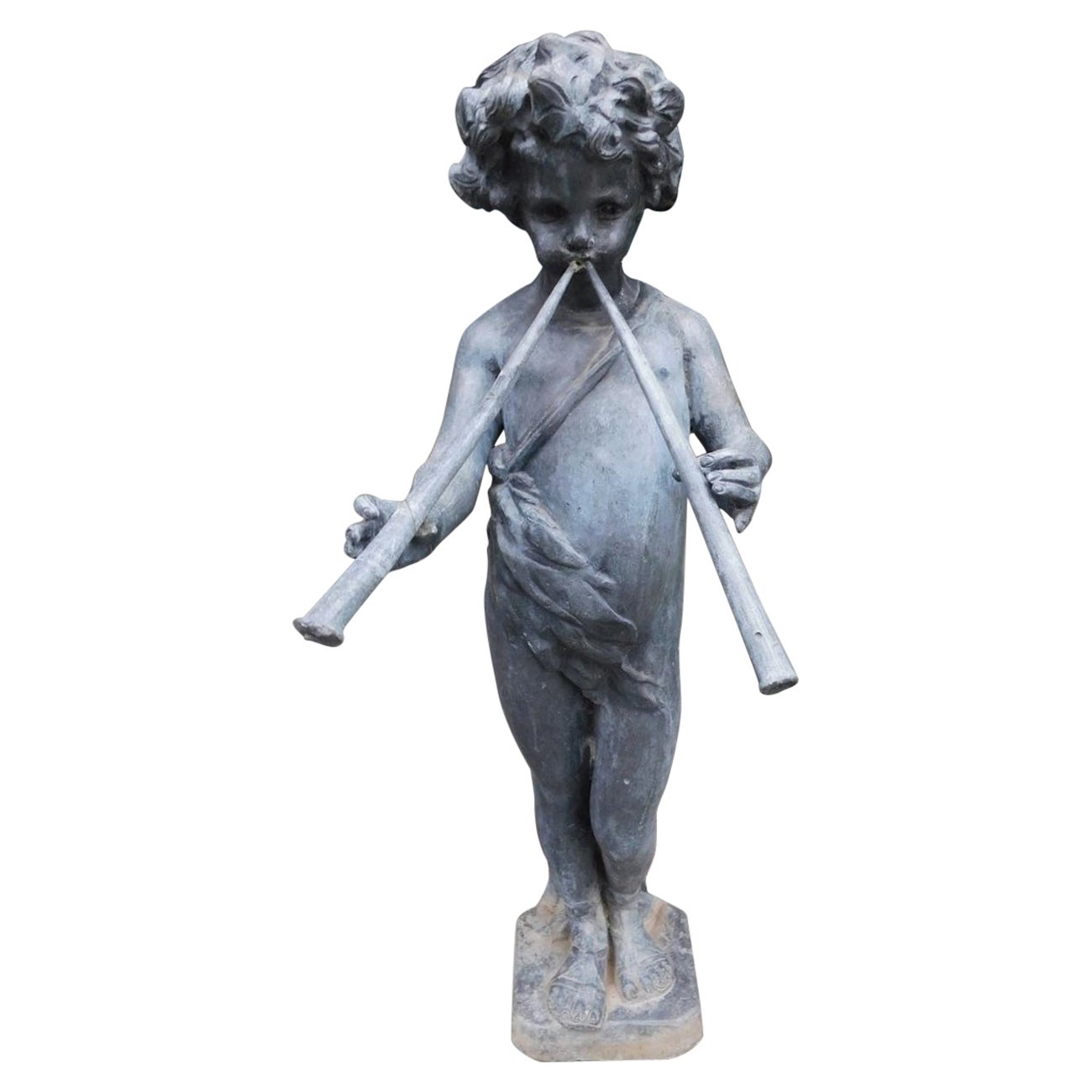 English Lead Figural Statue of Musical Pan with Flanking Flutes, Circa 1850 For Sale