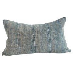 Antique Faded Blue Indigo Stripe Cotton and Linen Lumbar Pillow with Insert