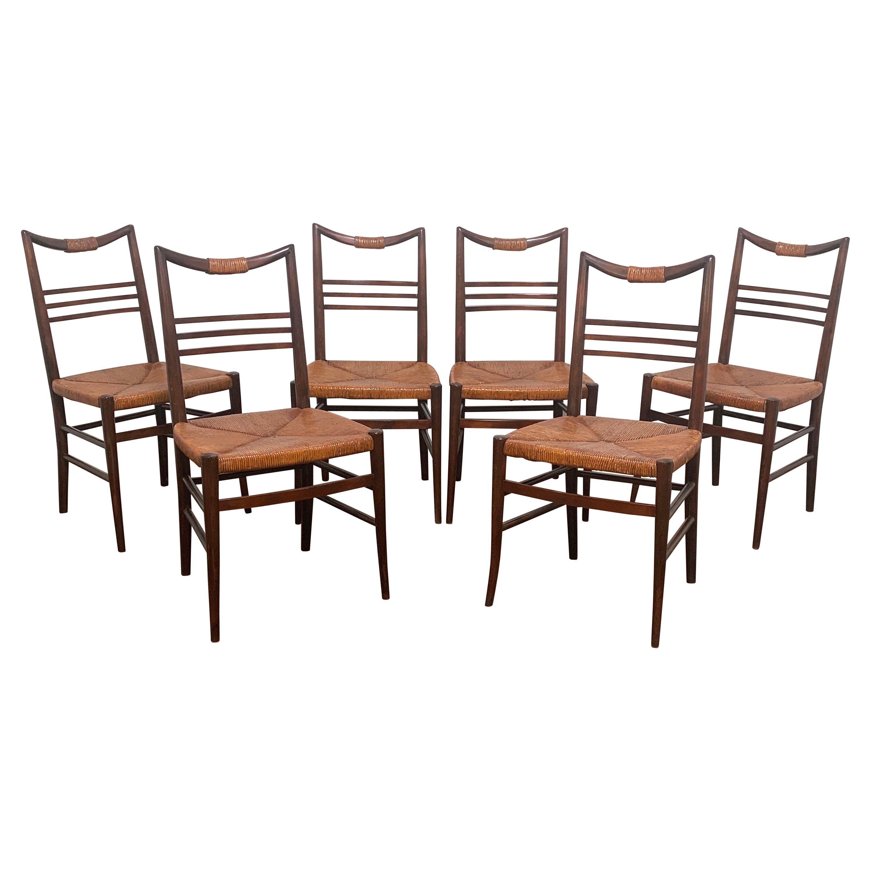 Set of Six Modernist Italian Rattan Dining Chairs, Circa 1950s