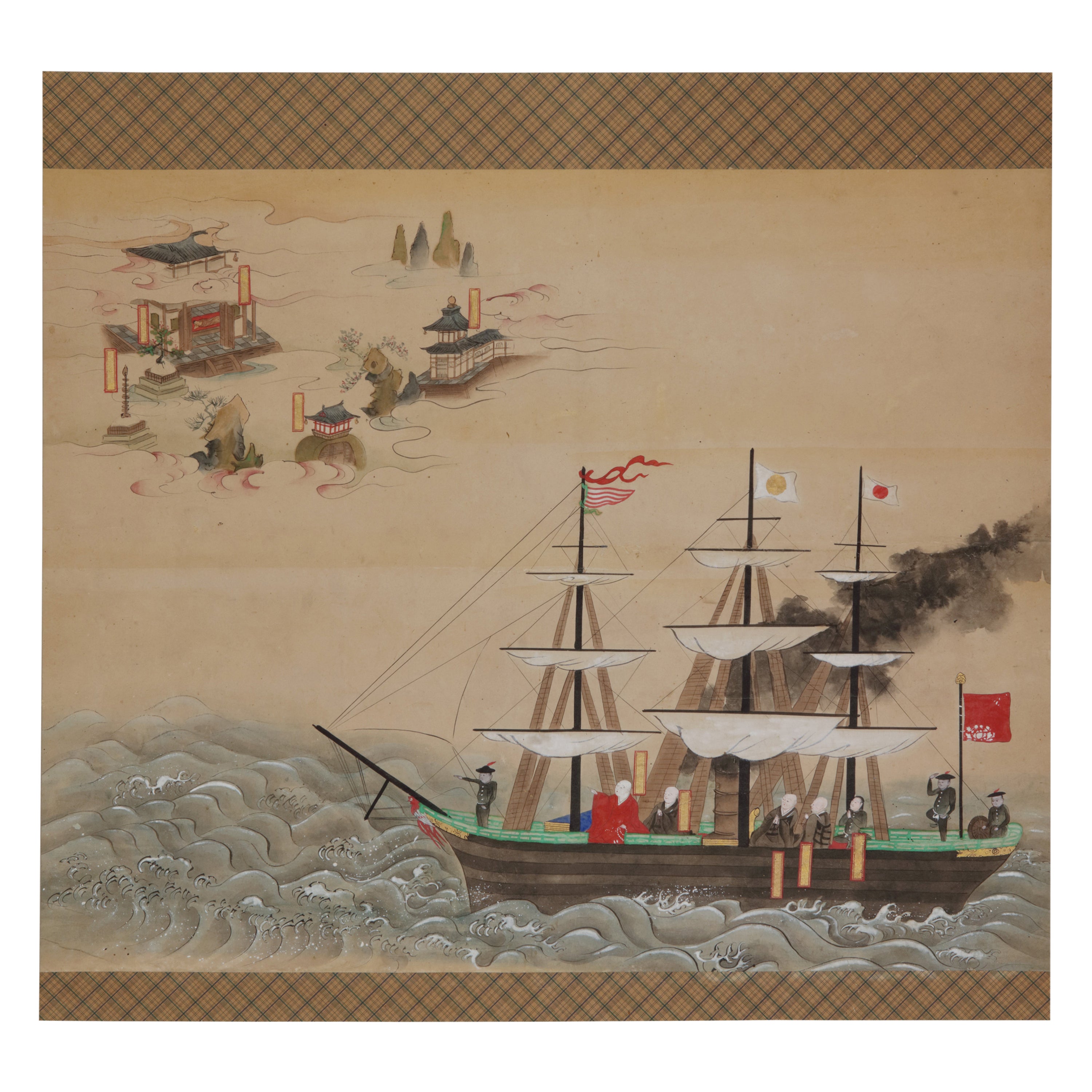 Peinture japonaise représentant un navire du commodore Perrys avec des moines bouddhistes à bord en vente