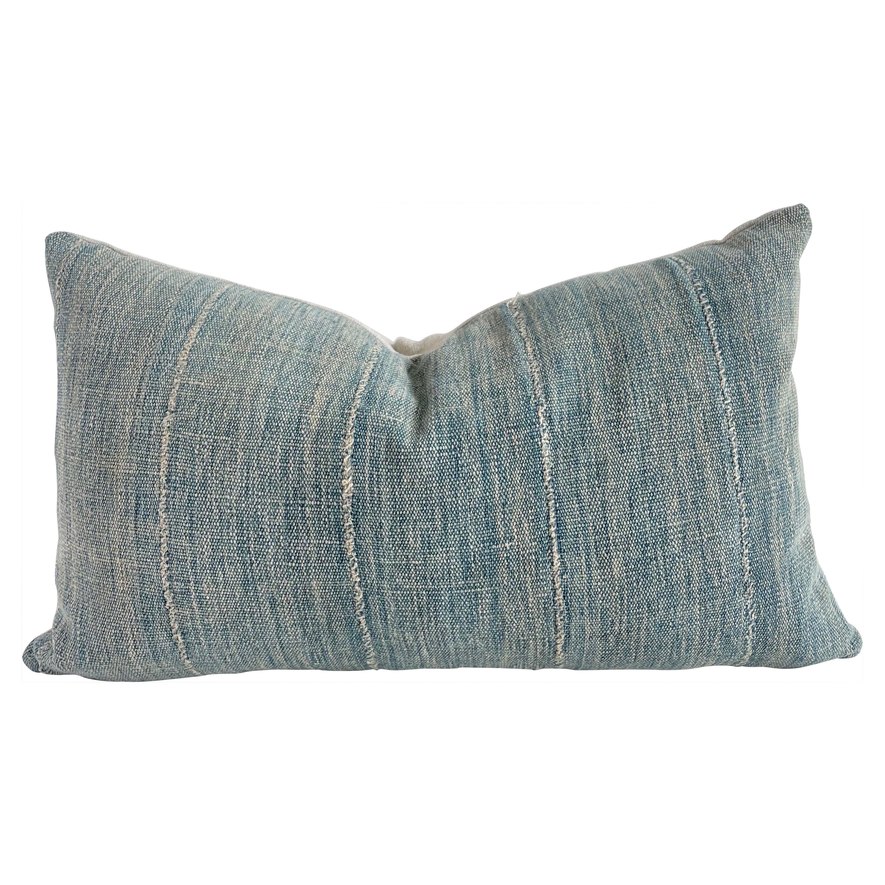 Vintage Faded Blue Indigo Cloth and Linen Pillow For Sale at 1stDibs