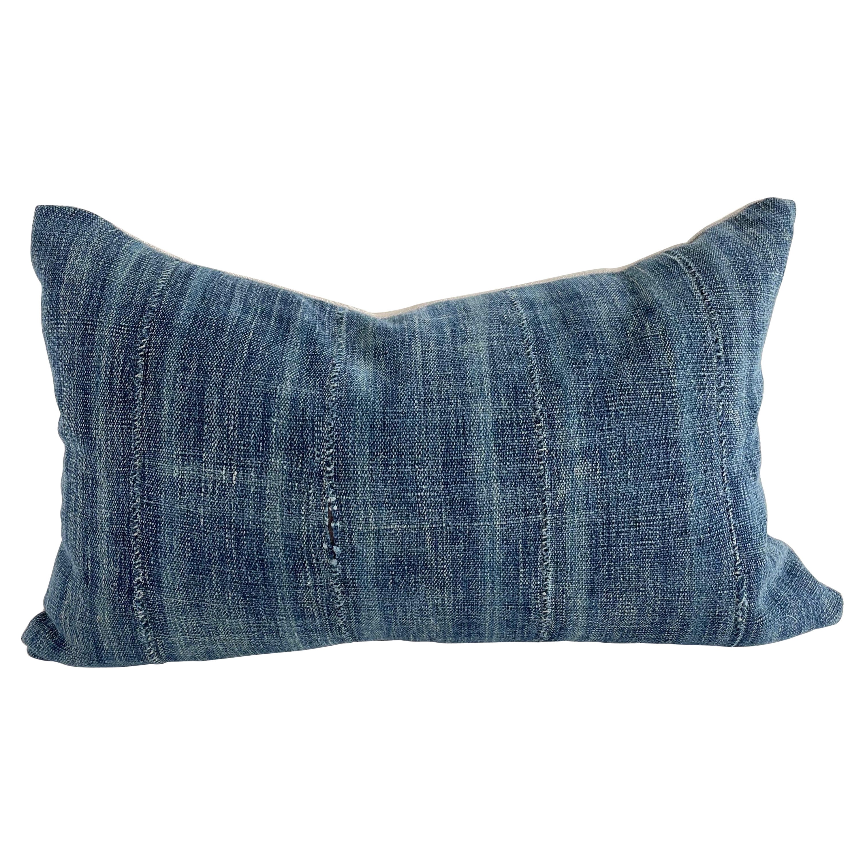 Antique Faded Blue Indigo Stripe Cotton and Linen Lumbar Pillow with Insert For Sale at 1stDibs