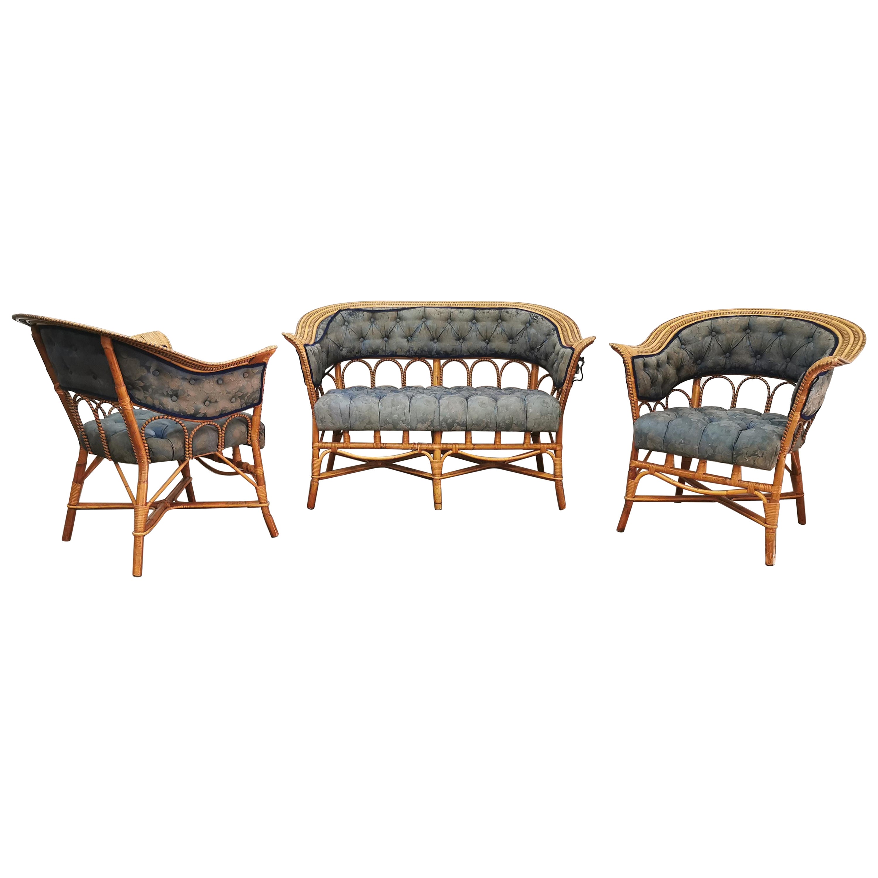 Esszimmerstühle, Tisch, Rattan, Bambus, Stoff, Glas, Vivai del Sud, 5er