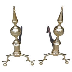 Pair of American Brass Steeple Top Andirons with Spur Legs & Ball Feet NY C 1800