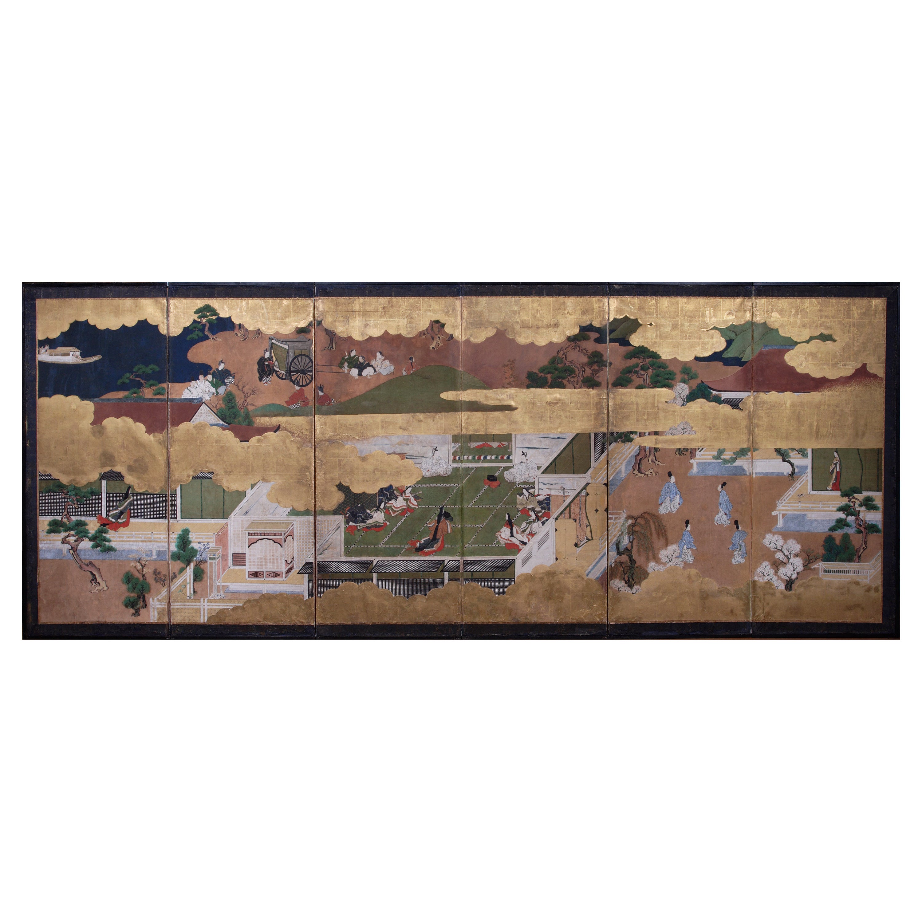 Important Japanese six-fold screen depicting The Tale of The Genji, 17th century For Sale
