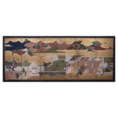Important Japanese six-fold screen depicting The Tale of The Genji, 17th century