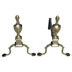 Pair of American Brass Urn Finial Andirons with Penny Feet, Philadelphia C. 1780