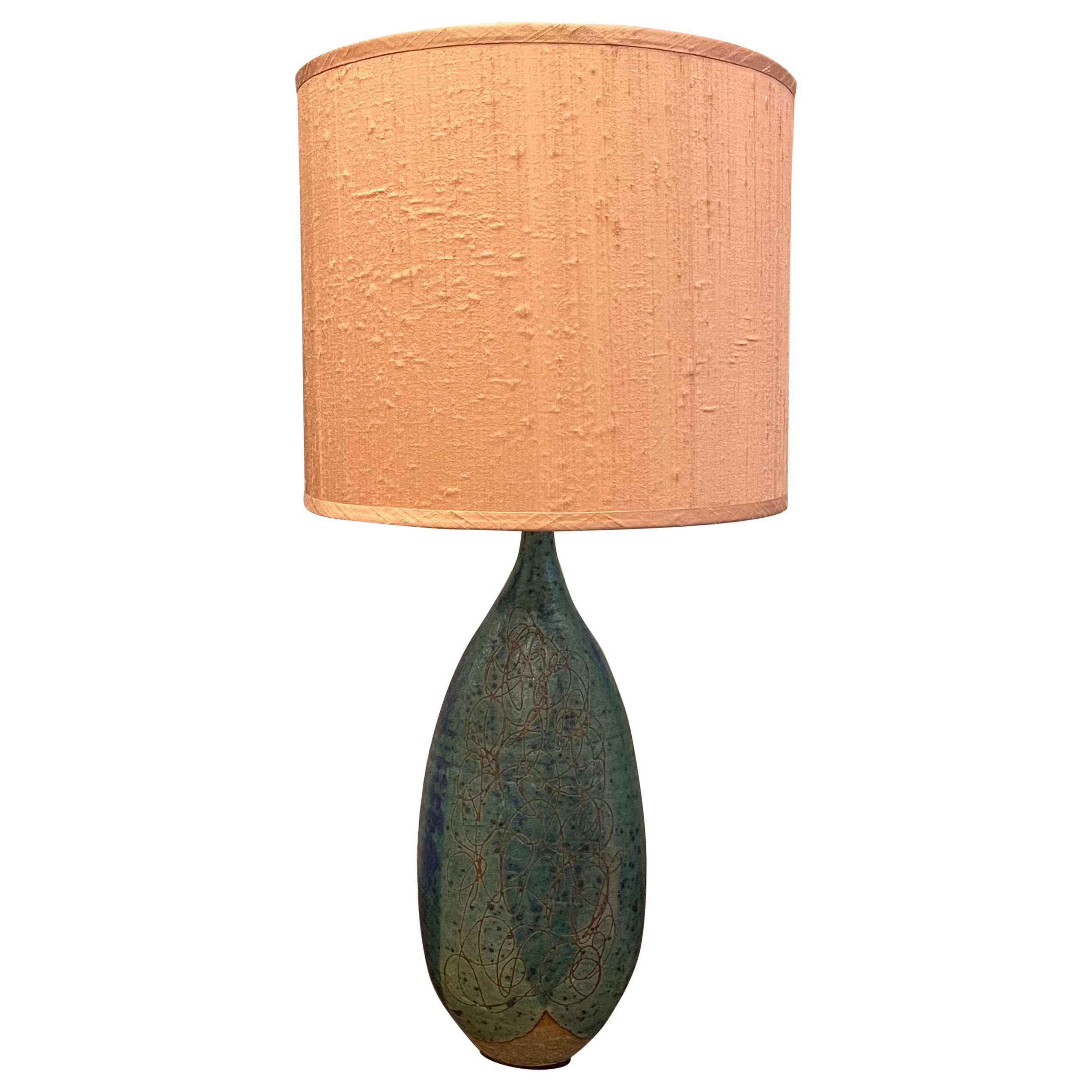 Mid Century Modern Incised Art Pottery Table Lamp For Sale