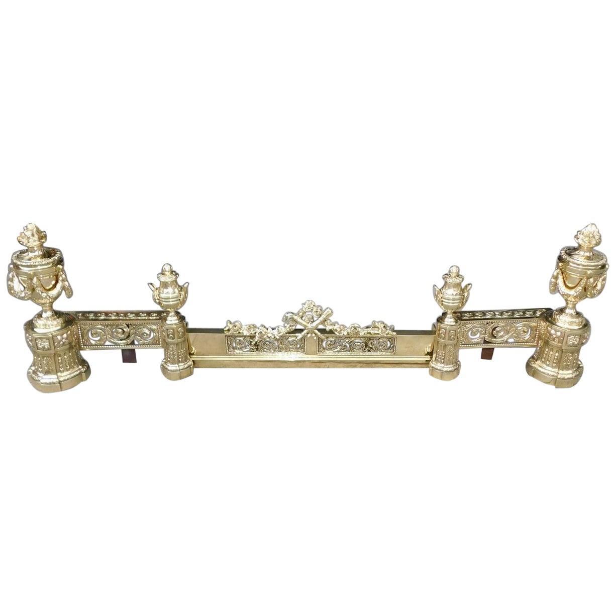 French Brass Flanking Flame Urn Finial Foliage & Swag Fireplace Chenet, C. 1790 For Sale