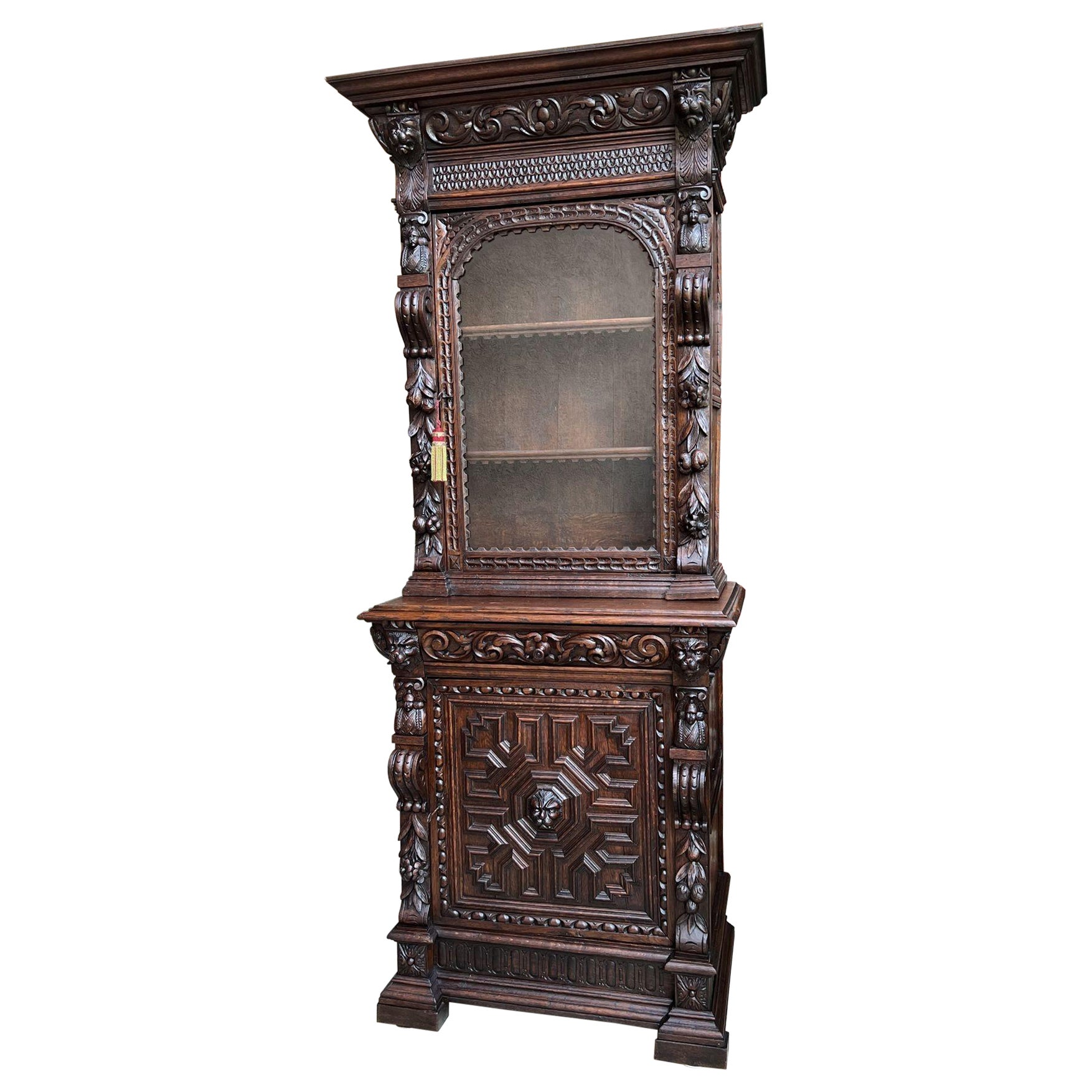 19th Century French Bookcase Hunt Cabinet Oak Black Forest Renaissance Display