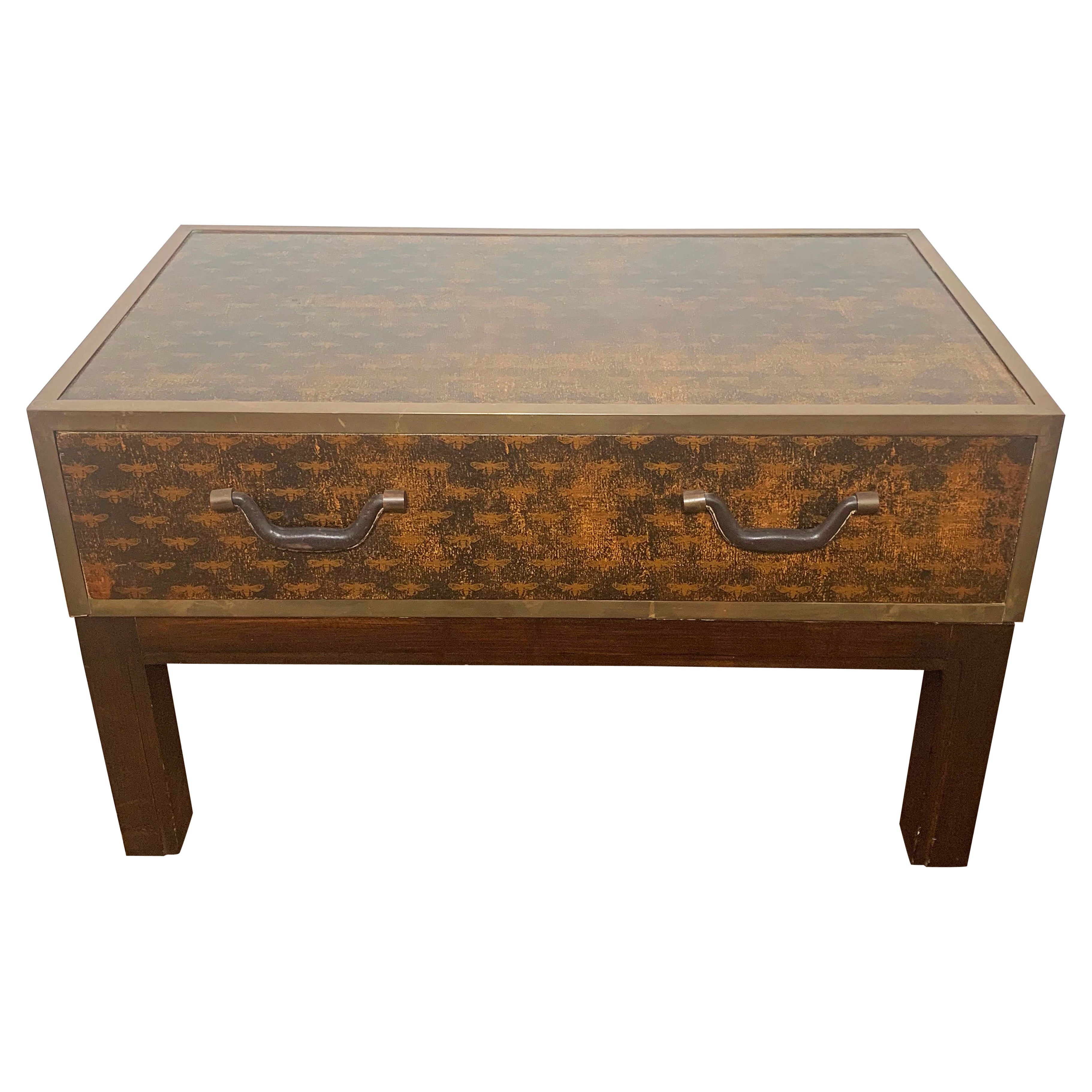 Brass Bound Campaign Style Chest or Coffee Table With Napoleonic Bee Parchment