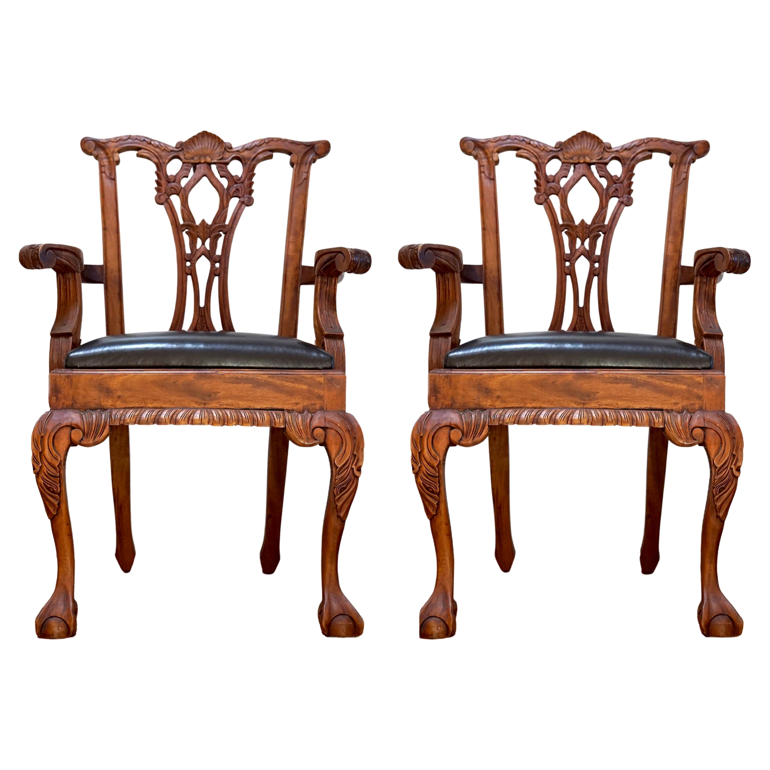 Leather and Mahogany Hand Carved Chippendale Style Set of George III Armchairs For Sale