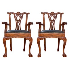 Leather and Mahogany Hand Carved Chippendale Style Set of George III Armchairs
